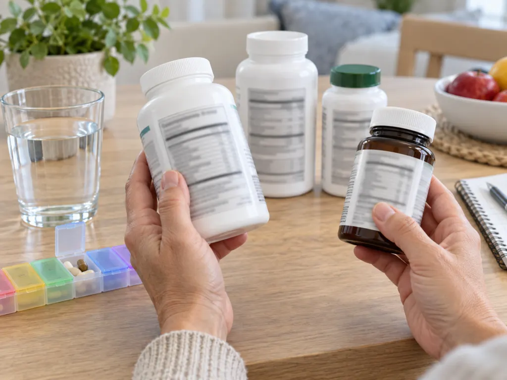 Hands comparing supplement containers near a glass of water and organizer.