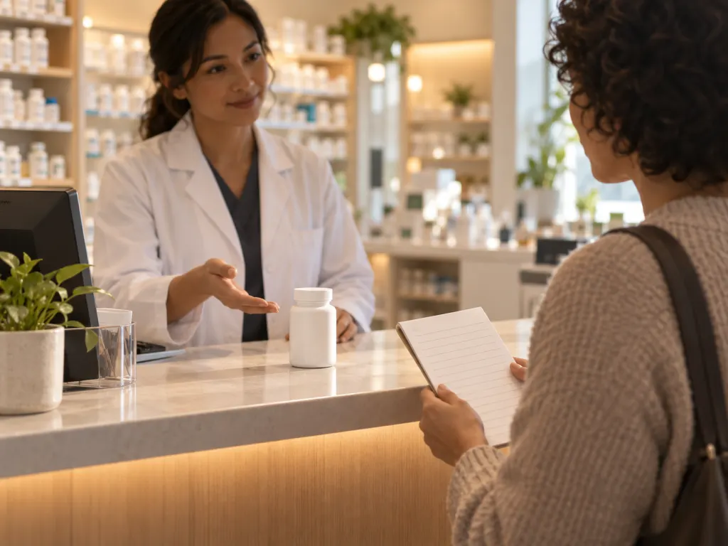 A pharmacist discusses an unreadable supplement bottle with an adult at a counter.