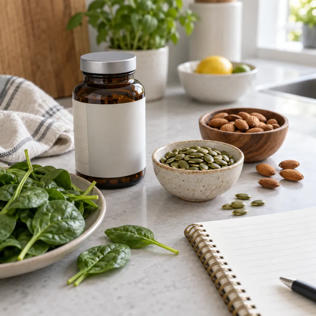 A magnesium supplement bottle beside magnesium-rich foods and a blank notepad.
