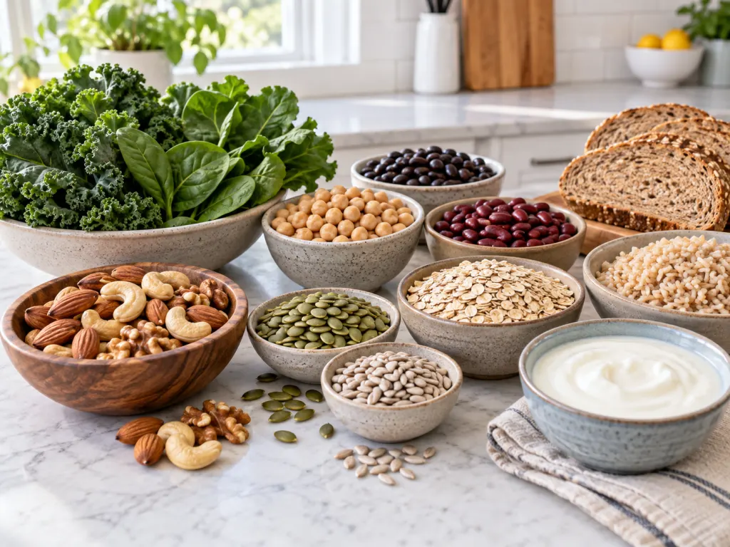 Magnesium-rich foods arranged on a kitchen surface.