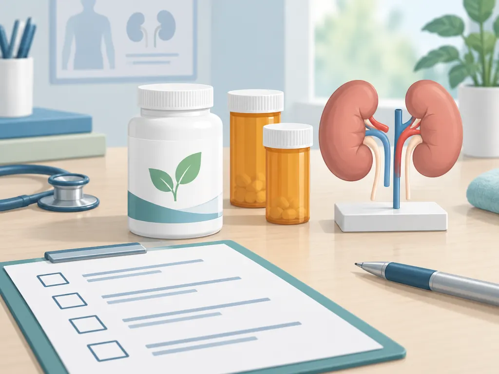 An illustration showing supplements, medicines, and kidney review items on a desk.