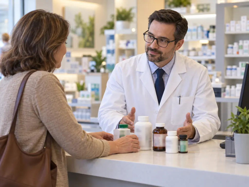 A pharmacist reviews supplement and medicine bottles with an adult at a counter.