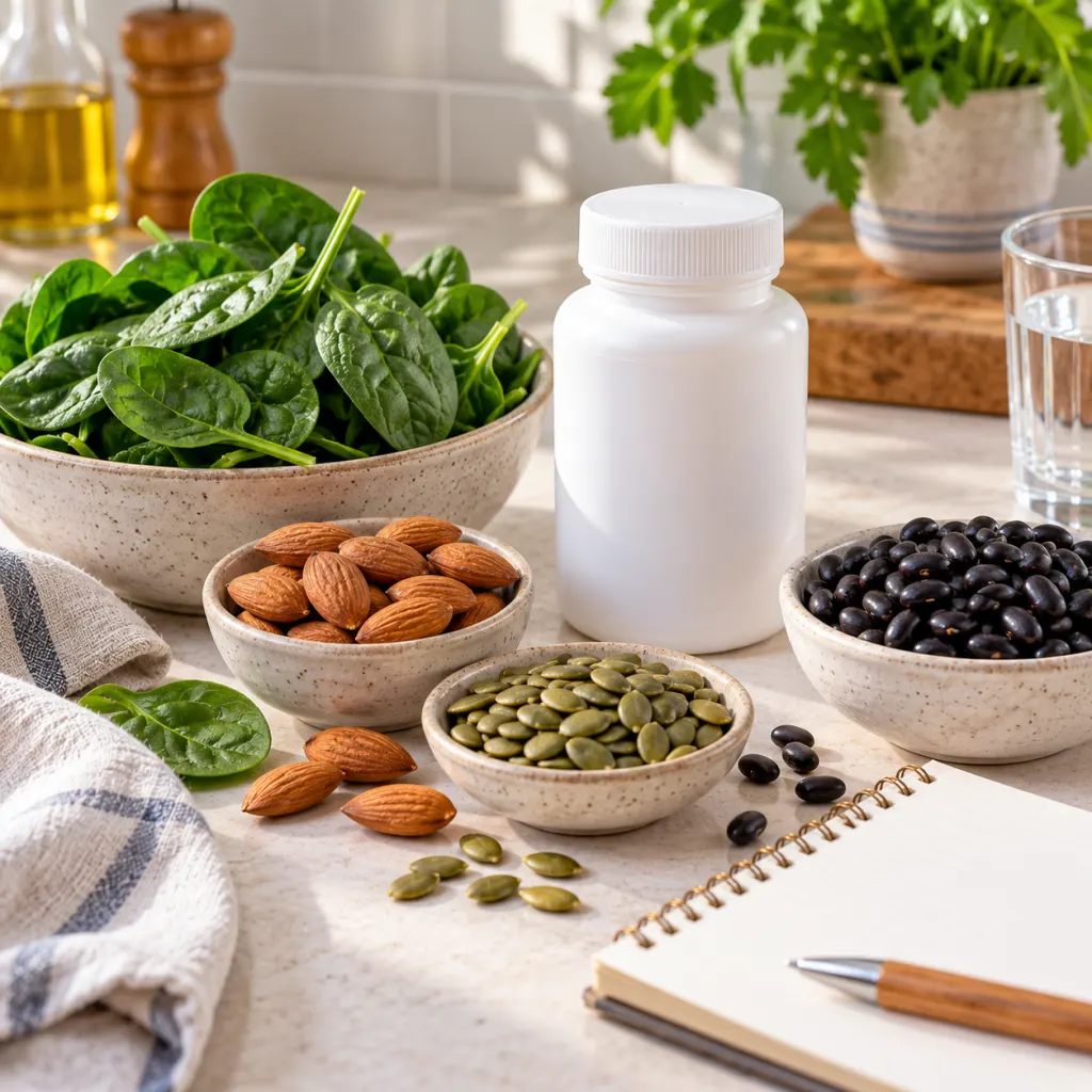 A magnesium supplement bottle beside magnesium-rich foods on a kitchen counter.