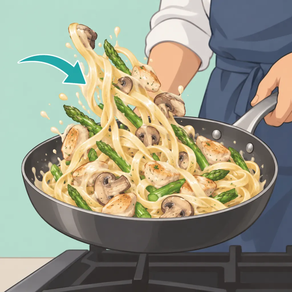 Illustration of creamy chicken pasta with mushrooms and asparagus being tossed in a skillet.