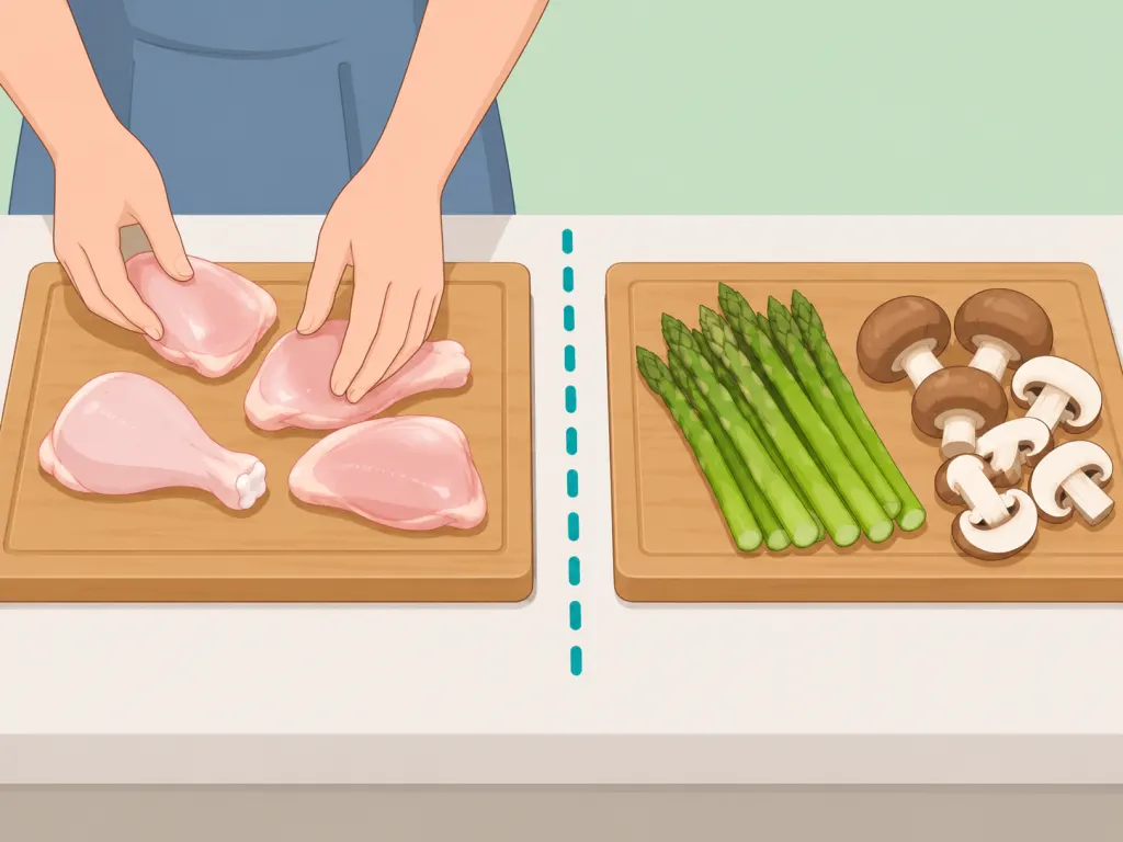 Raw chicken kept separate from asparagus and mushrooms during preparation.