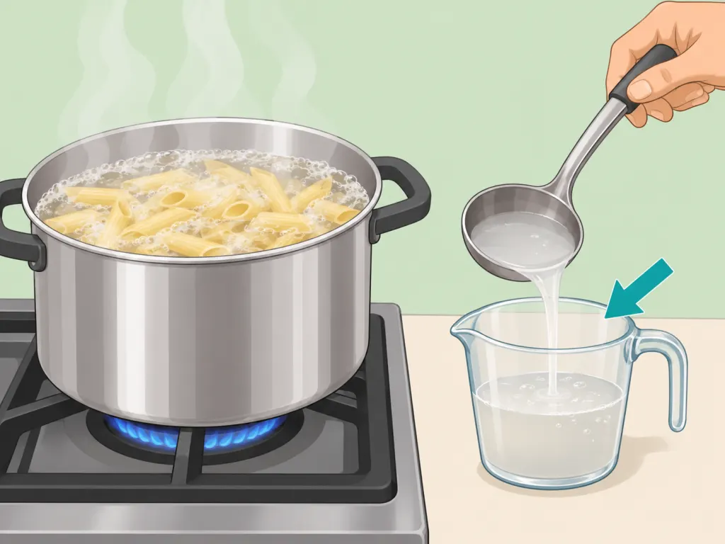 Pasta cooking while some pasta water is reserved in a cup.