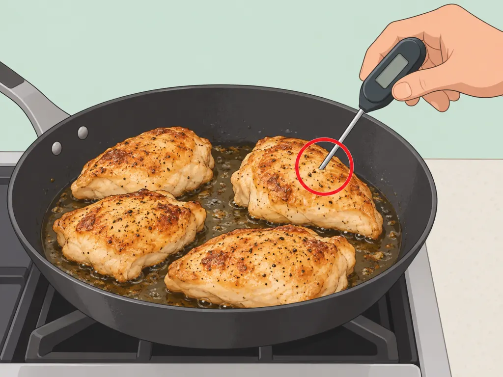 Chicken pieces being checked with a food thermometer in a skillet.