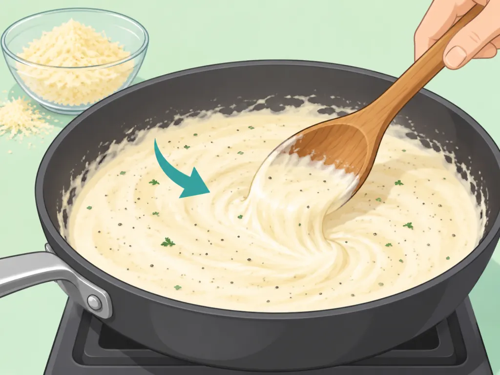 Cream and Parmesan being stirred into a smooth sauce.