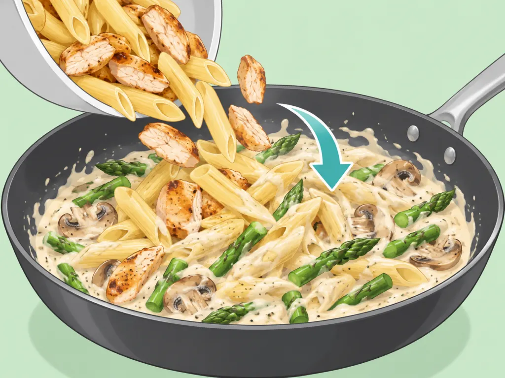 Pasta and chicken tossed with creamy mushroom asparagus sauce.