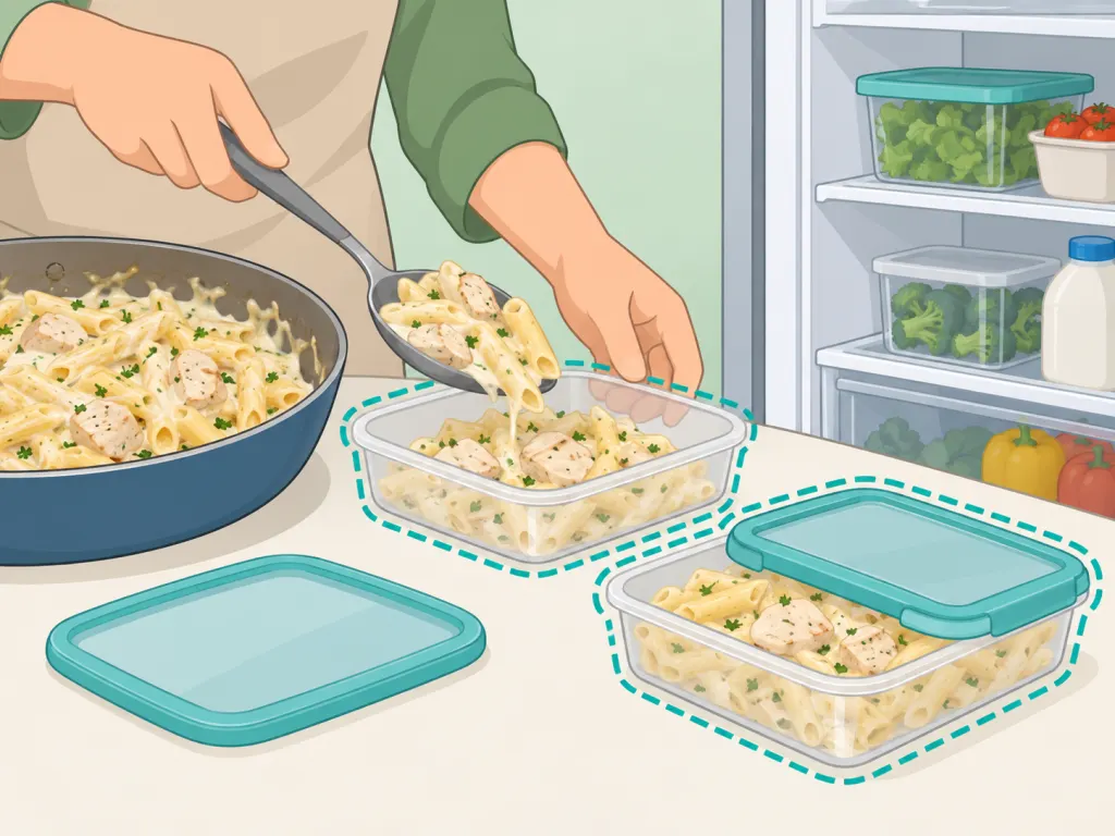Leftover creamy chicken pasta stored in shallow containers for refrigeration.