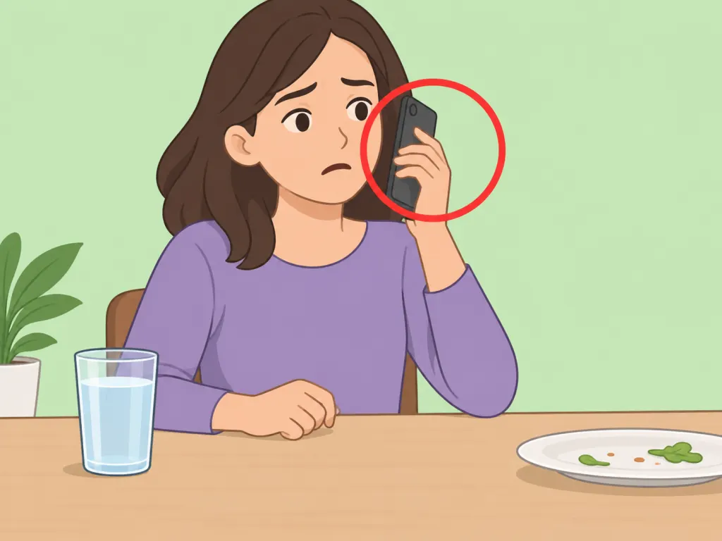 Person using a phone to seek help after concerning food poisoning symptoms.