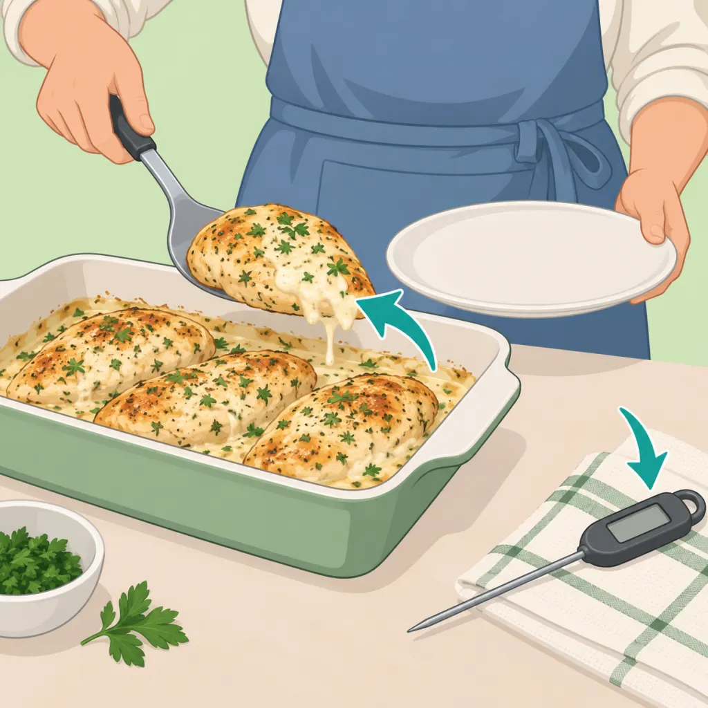 Illustration of creamy herb-marinated chicken in a baking dish with a thermometer nearby.