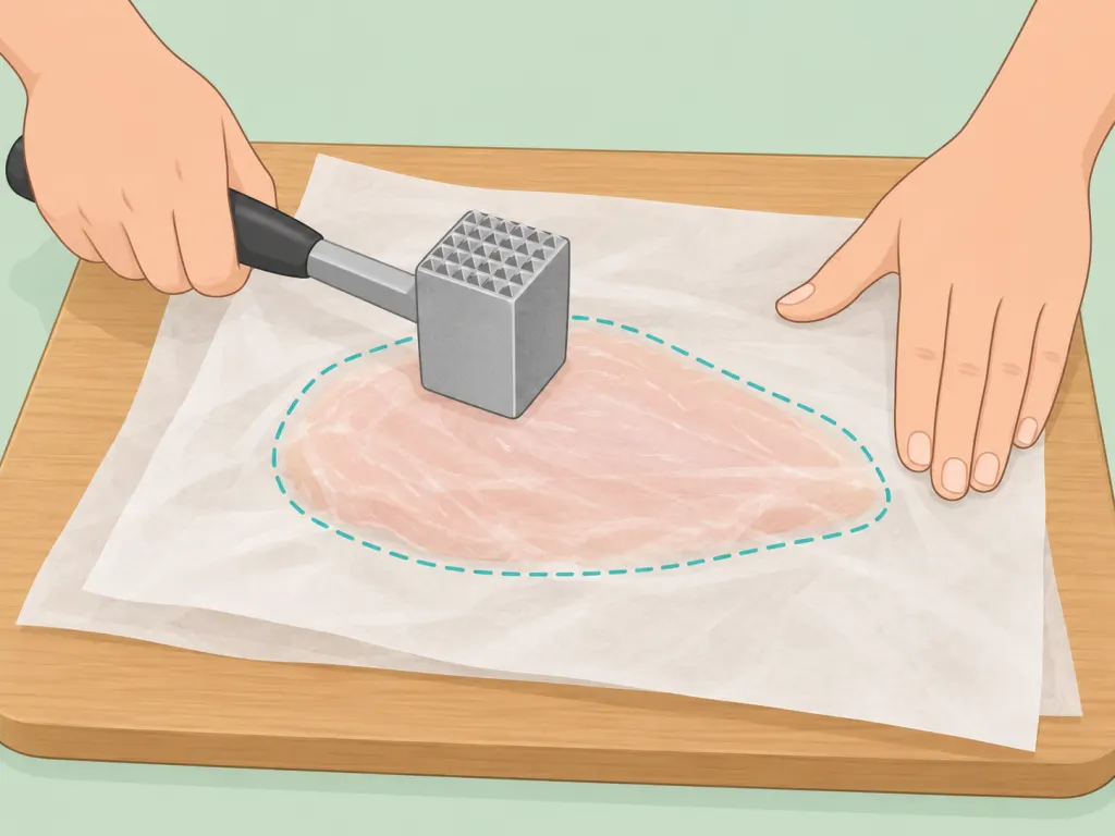 Hands flattening a chicken breast to an even thickness.