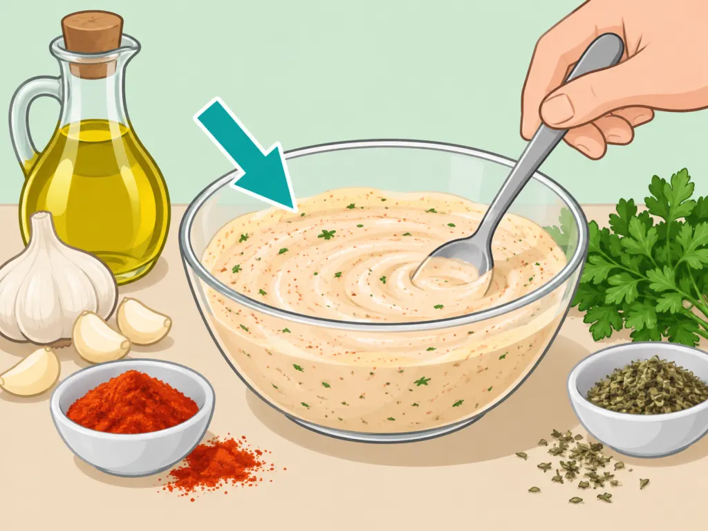 A creamy herb and spice marinade being mixed in a bowl.