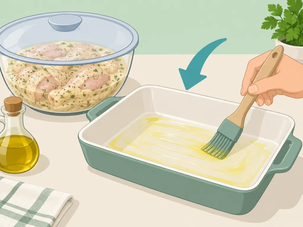 A baking dish being prepared for marinated chicken.