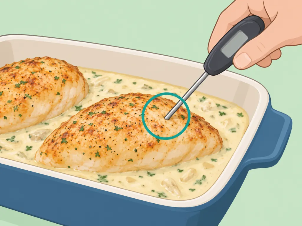A thermometer checking the thickest part of baked chicken.