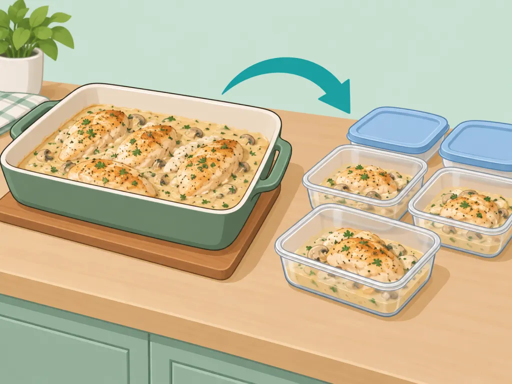 Cooked creamy chicken resting with shallow containers ready for leftovers.