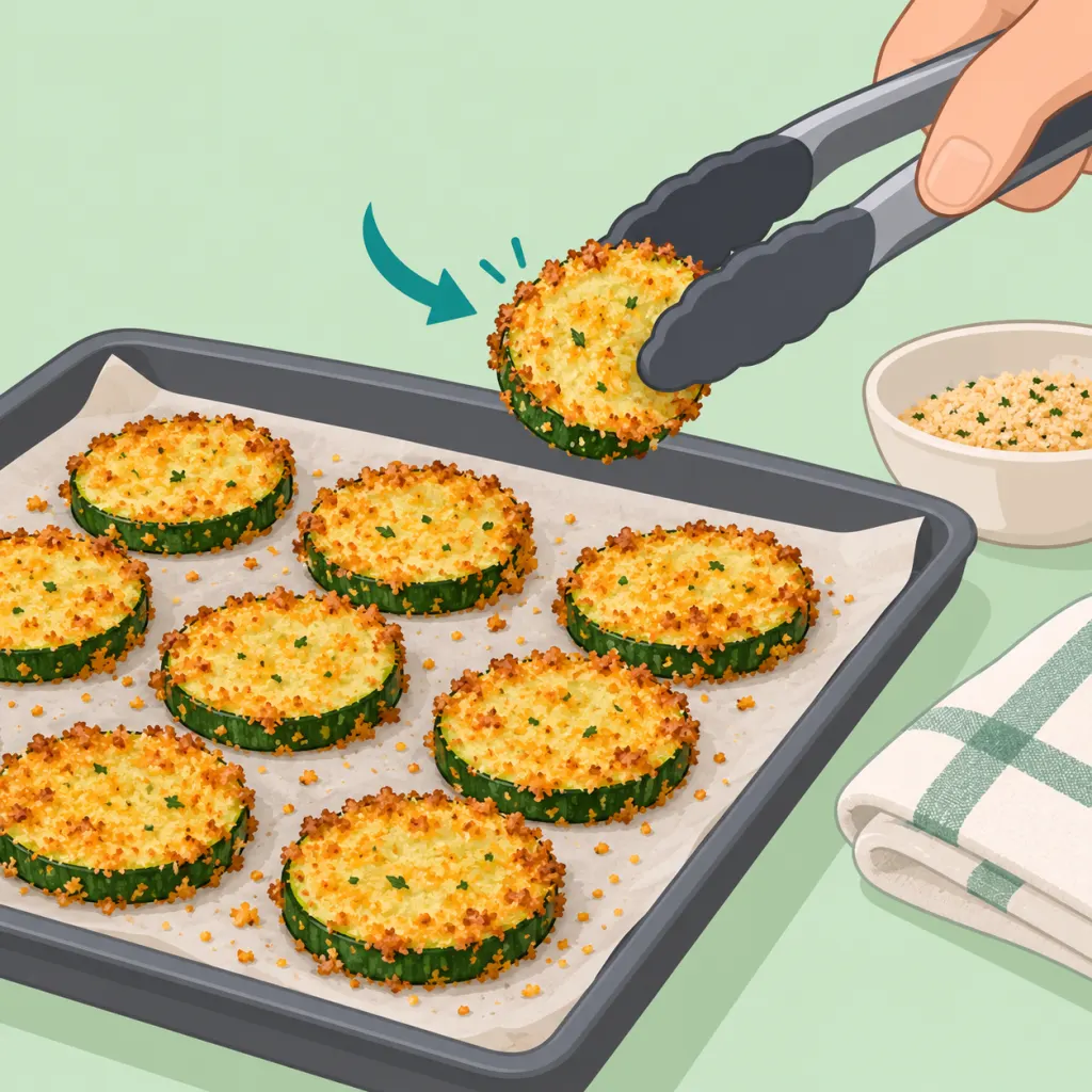 Illustration of crispy oven-roasted courgettes being lifted from a tray.