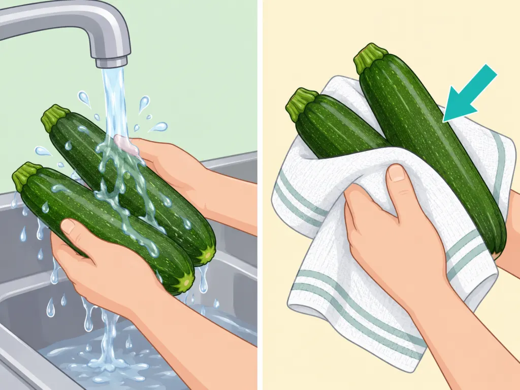 Courgettes being washed and dried before cutting.