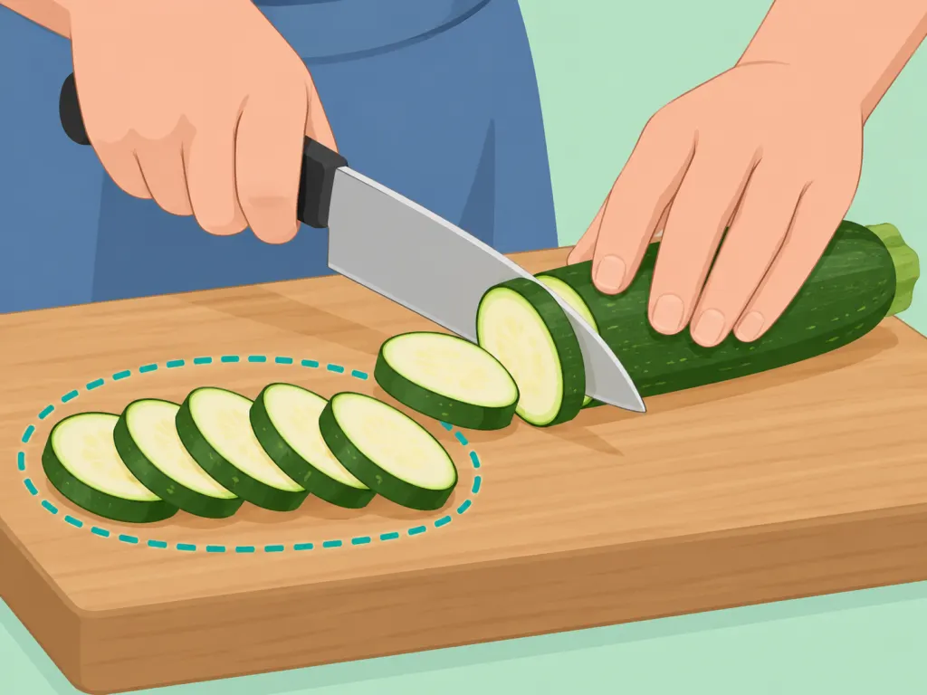 Courgettes sliced into even pieces on a cutting board.