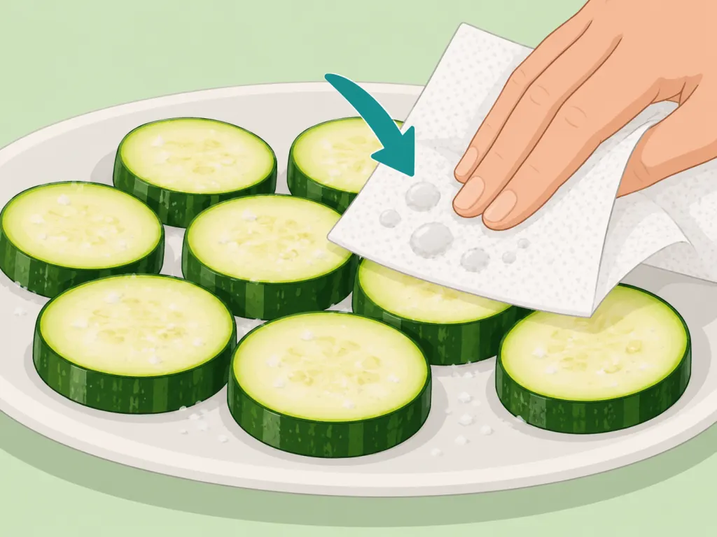 Salted courgette slices being blotted dry.