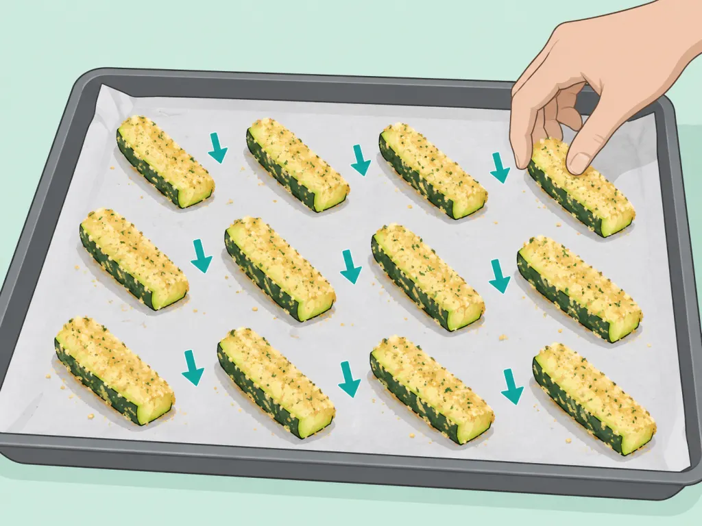 Coated courgettes spread out on a baking tray.