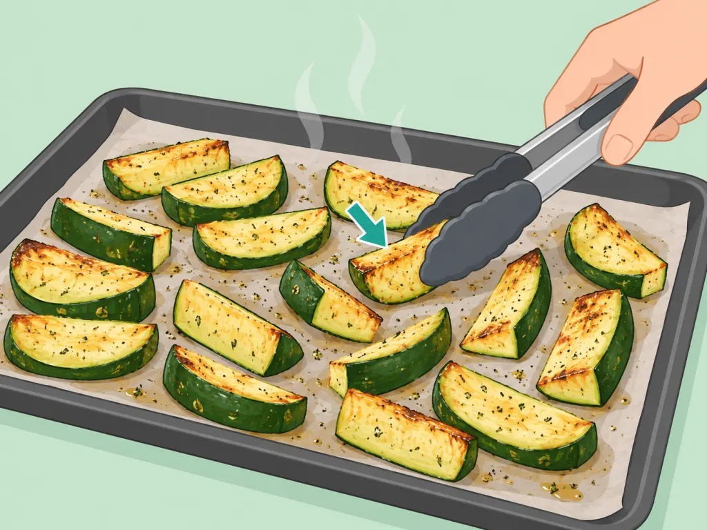 Courgettes being turned during oven roasting.