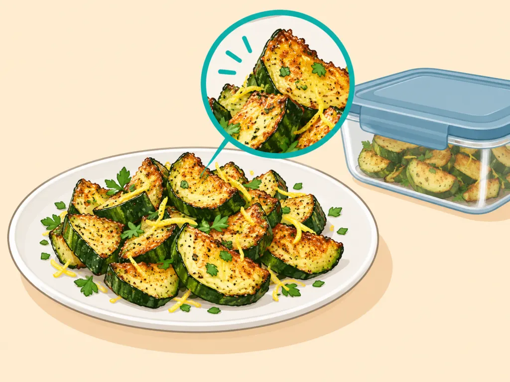 Finished crispy courgettes served on a plate with leftovers in a container.