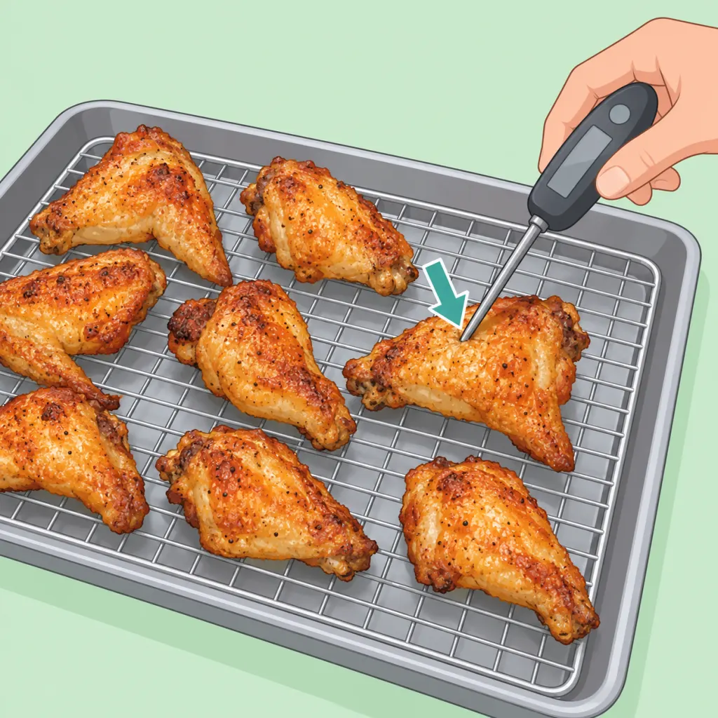 Illustration of golden-brown chicken wings on a rack being checked with a food thermometer.