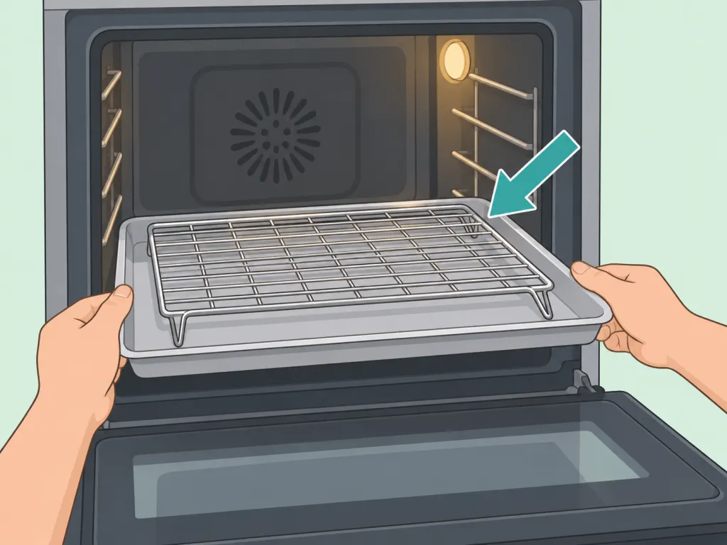 Hands setting a wire rack on a rimmed baking sheet for chicken wings.