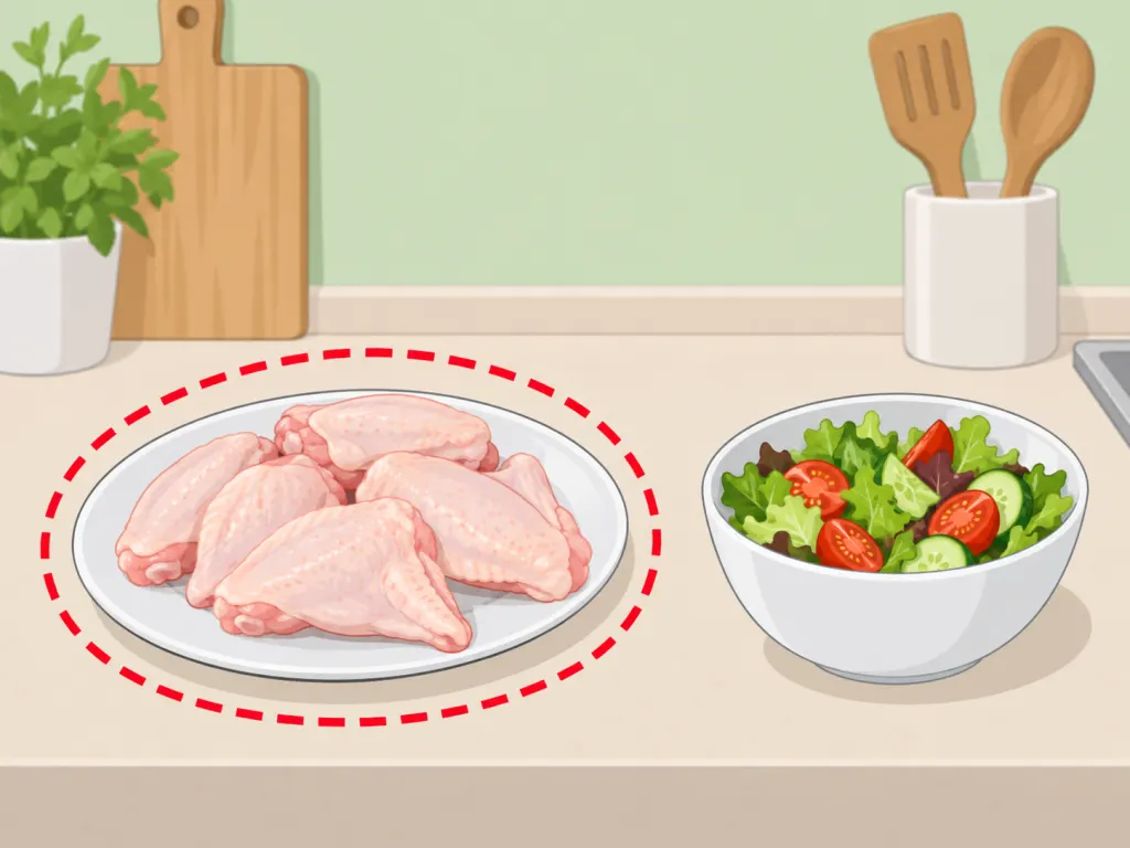 Raw chicken wings kept separate from ready-to-eat food during prep.
