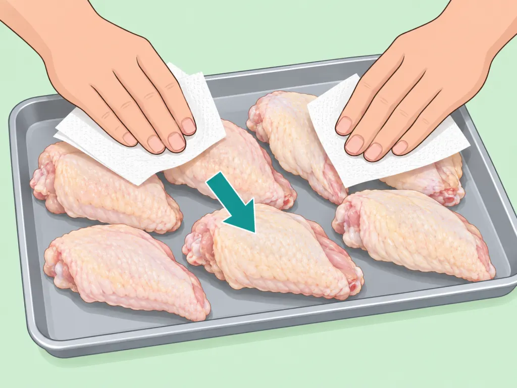 Hands drying chicken wings with paper towels before seasoning.