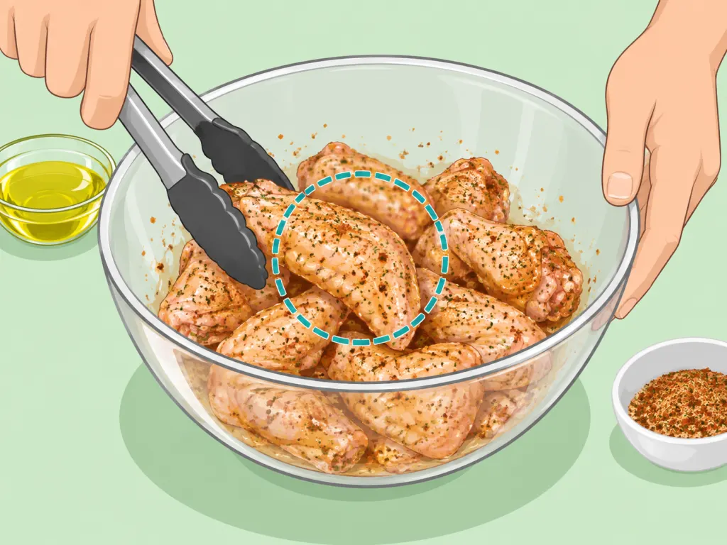 Chicken wings being lightly coated with oil and dry seasonings.