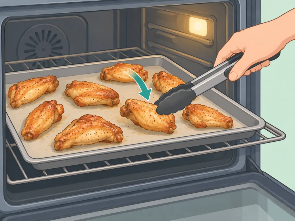 Chicken wings baking in the oven while one wing is turned with tongs.
