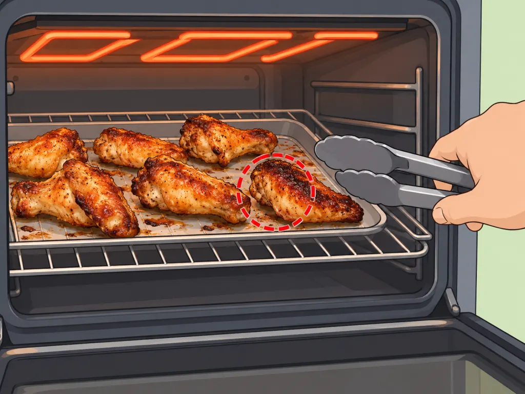 Chicken wings browning at the end of baking while being watched closely.