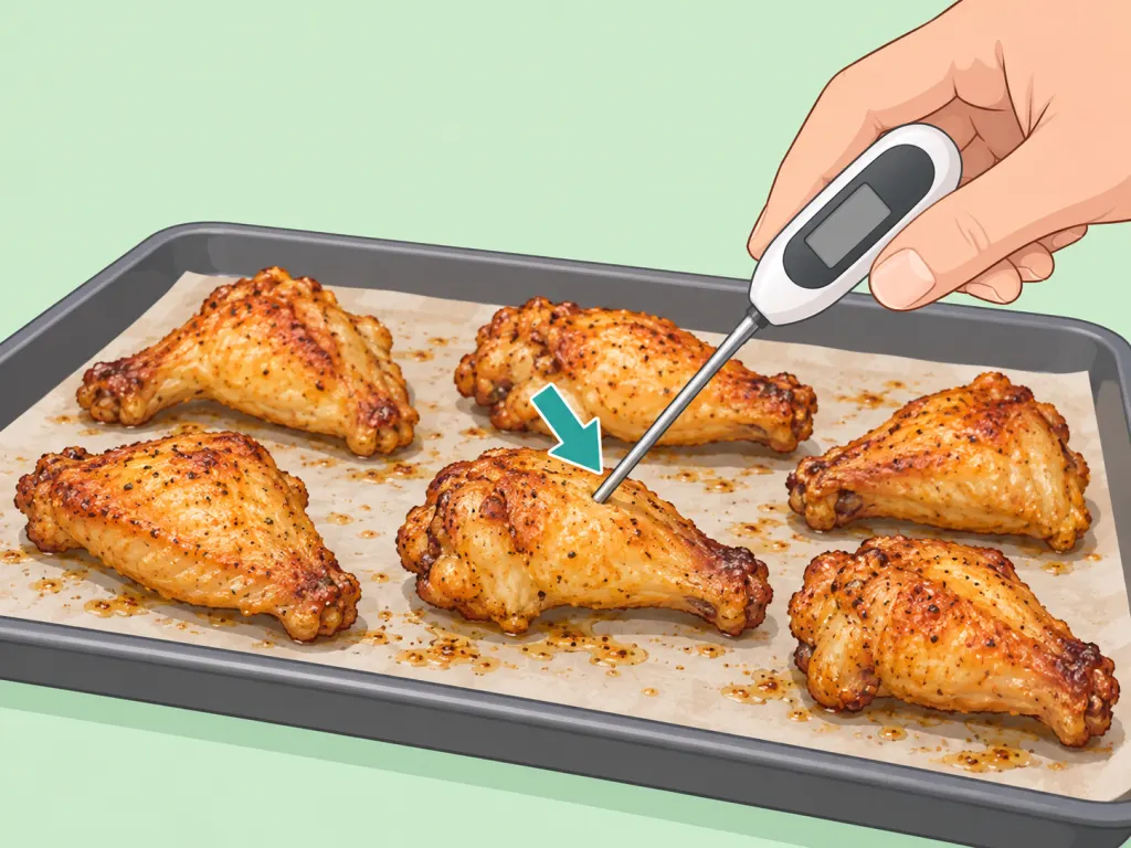 A baked chicken wing being checked with a food thermometer.