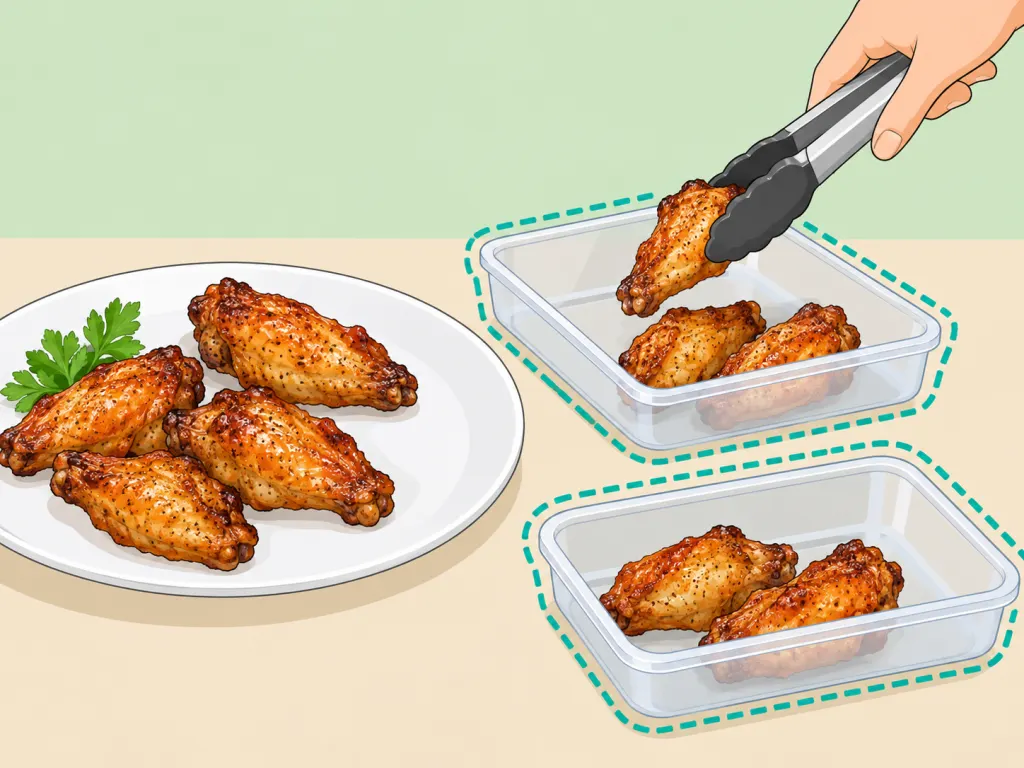 Cooked chicken wings being packed into shallow containers for refrigeration.