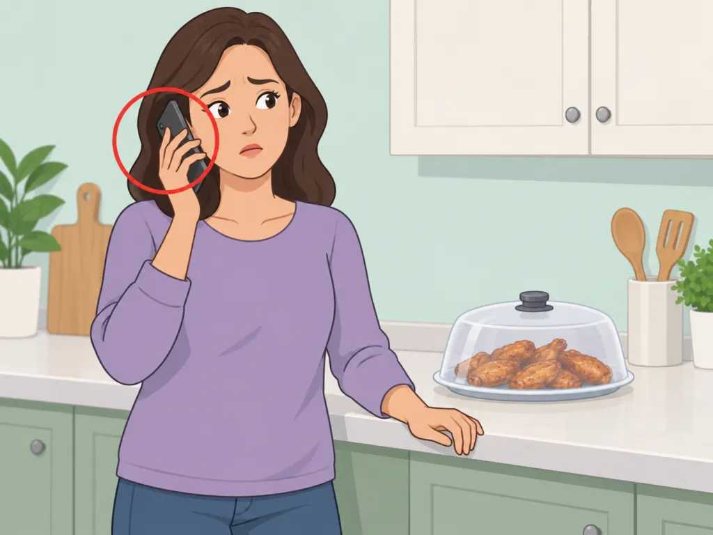 A person using a phone to seek help after feeling unwell after eating.