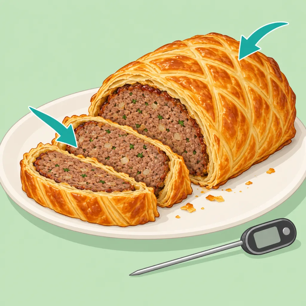 Illustration of sliced Meatloaf Wellington with golden pastry and a food thermometer nearby.