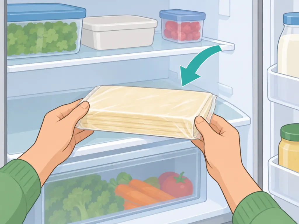 Hands placing puff pastry in the refrigerator to thaw.