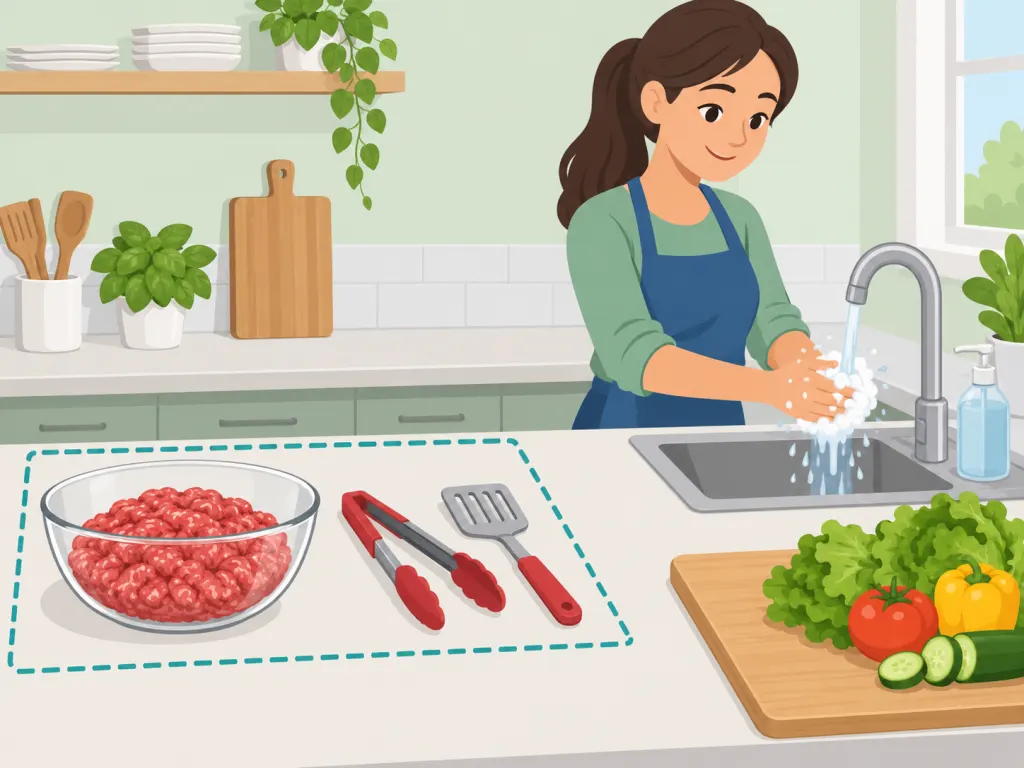 Clean workspace set up with raw ground meat kept separate.