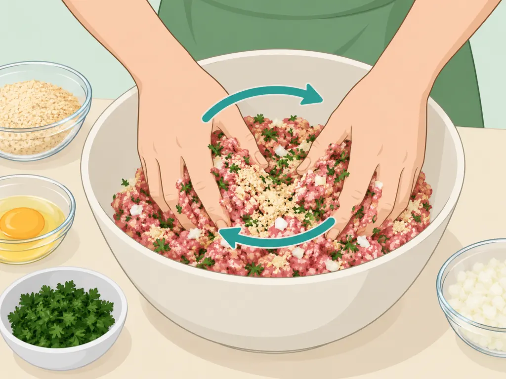 Hands gently mixing meatloaf ingredients in a bowl.