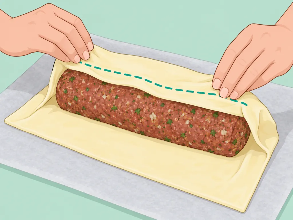 Hands wrapping a chilled meatloaf in puff pastry.