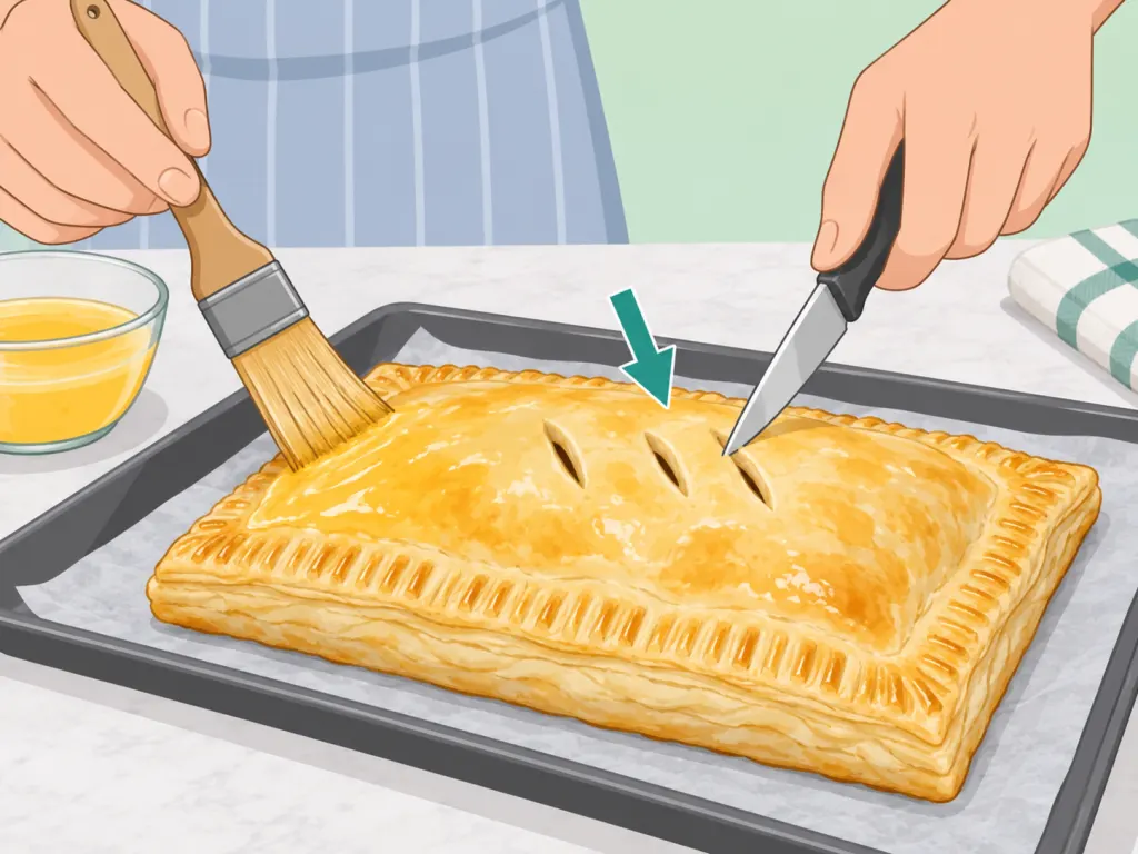 Puff pastry being vented and brushed before baking.