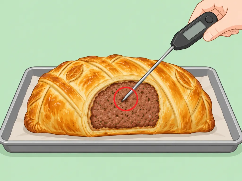 Baked Meatloaf Wellington being checked with a food thermometer.