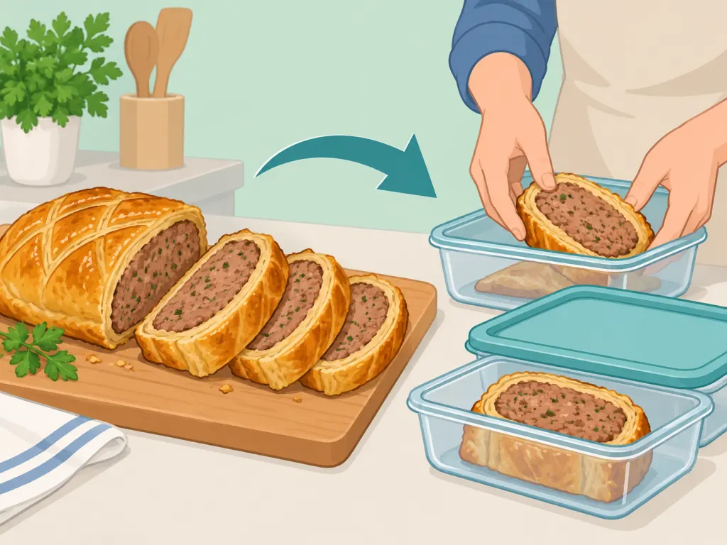 Sliced Meatloaf Wellington with leftovers placed in shallow containers.