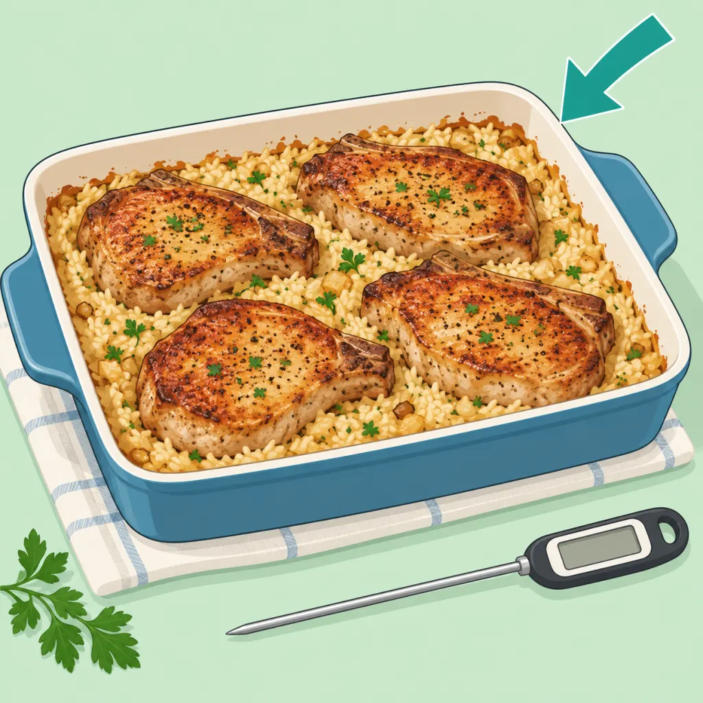 Illustration of a finished pork chops and rice casserole with a thermometer nearby.