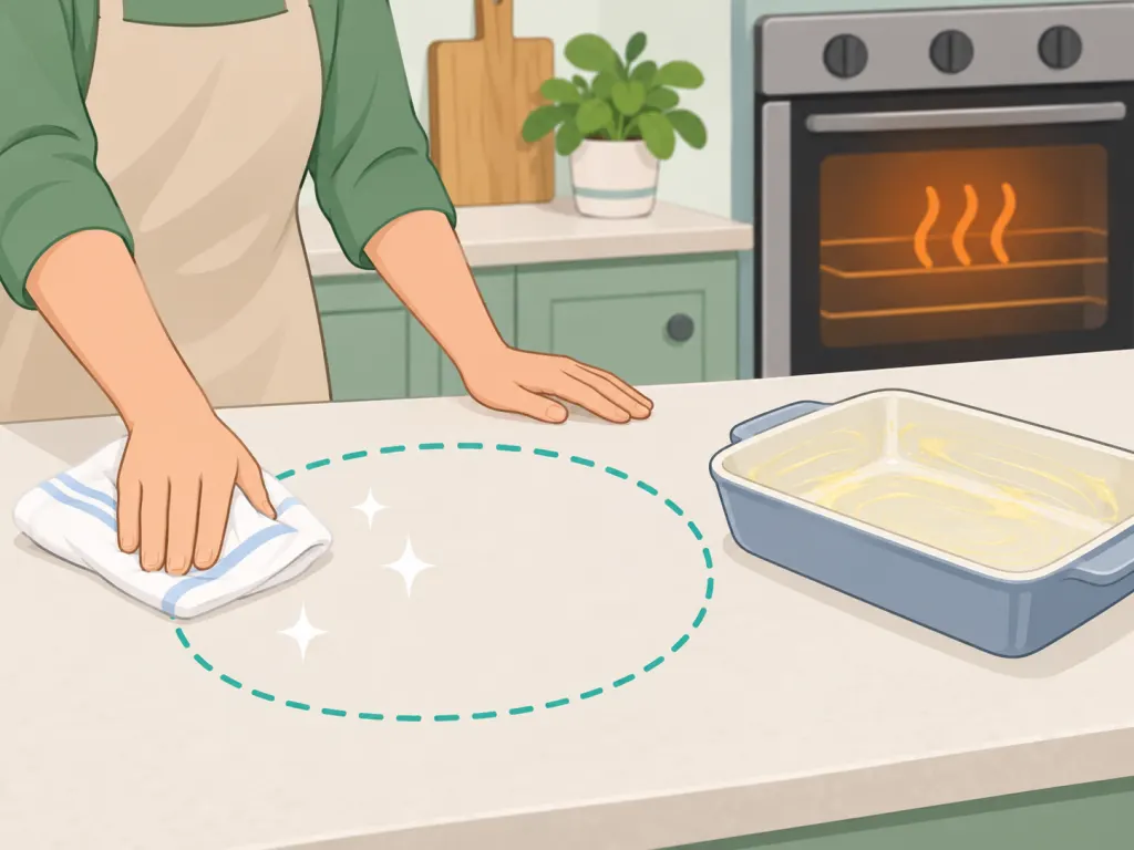 Hands preparing a clean work area with a greased casserole dish.