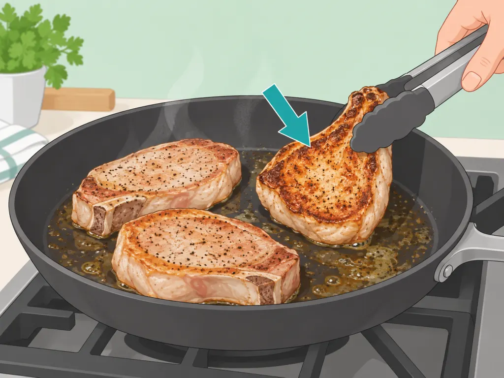 Pork chops being seared in a skillet with tongs.
