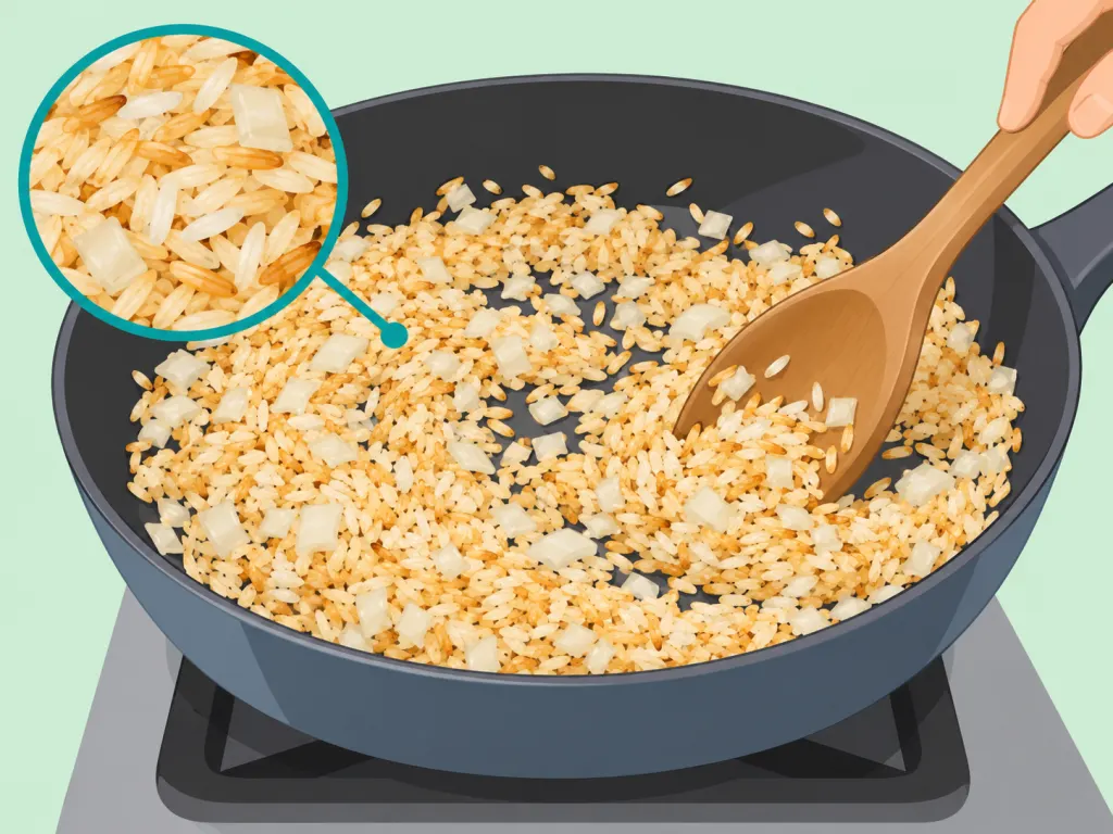Rice and onion being toasted in a skillet.